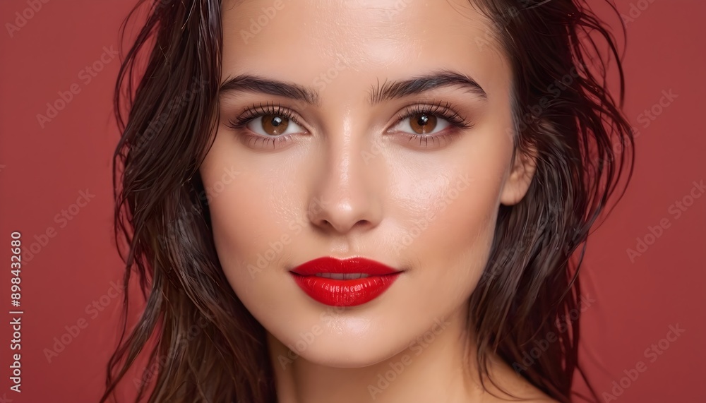 Glamorous studio shot of a beautiful brunette woman with brown eyes, perfect skin, and red lips, isolated on a red background Glamorous studio shot of a beautiful brunette woman with brown eyes, perfect skin, and red lips, isolated on a red background