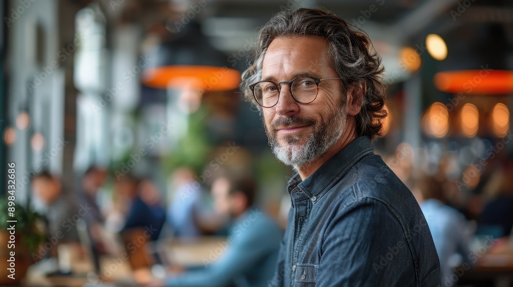 A man with grey hair and glasses sits confidently in a bustling cafe, surrounded by people and warm lighting, creating a lively urban atmosphere. A man with grey hair and glasses sits confidently in a bustling cafe, surrounded by people and warm lighting, creating a lively urban atmosphere.