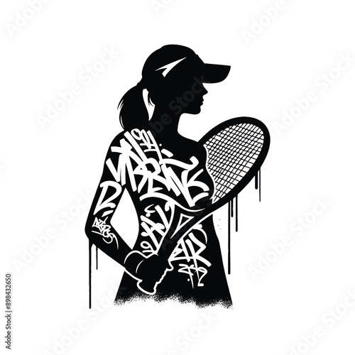 Tennis, table tennis  female player in graffiti tags, street art pattern illustration, emblem shield badge