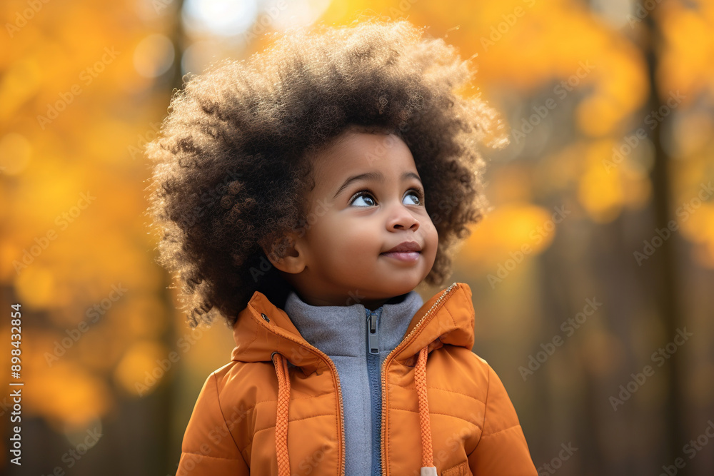 Adorable little African American girl with autumn landscape as background Adorable little African American girl with autumn landscape as background