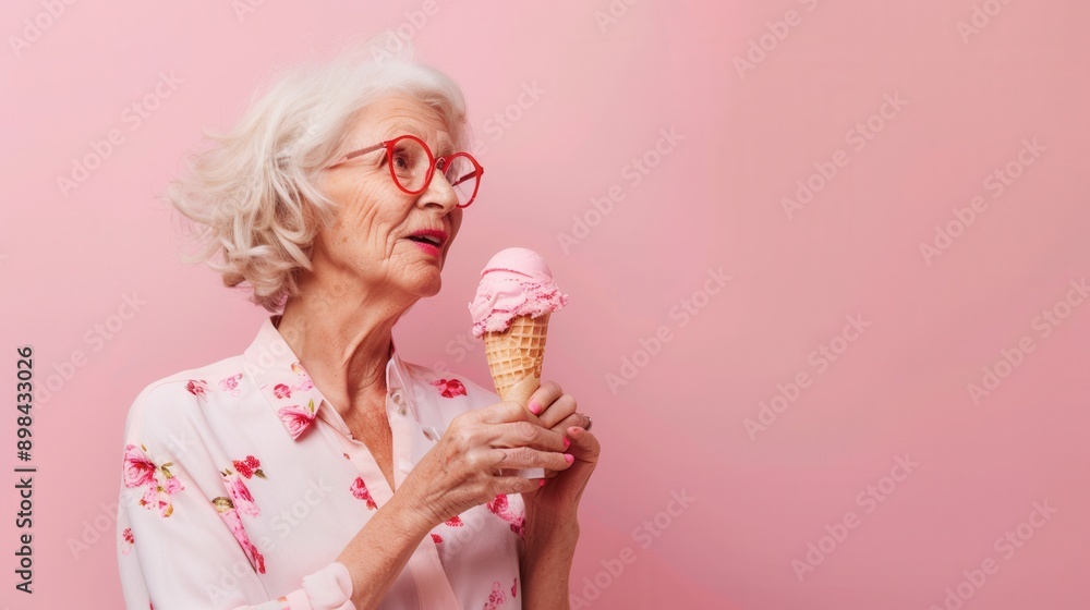 A senior female holding an ice cream and eating over plain background. A senior female holding an ice cream and eating over plain background.
