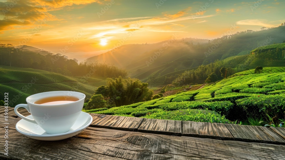 A white cup of tea on the wooden table with tea plantation background at beautiful sunrise wide angle lens A white cup of tea on the wooden table with tea plantation background at beautiful sunrise wide angle lens
