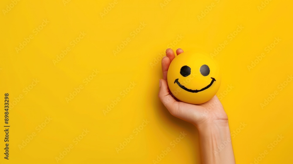 A woman hand is holding a yellow smiley face emoji on yellow background. The image conveys a positive and happy mood. wide angle lens A woman hand is holding a yellow smiley face emoji on yellow background. The image conveys a positive and happy mood. wide angle lens
