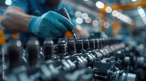 A close-up image showing a technician meticulously adjusting various components of an engine, emphasizing precision, technical expertise, and methodical maintenance. photo