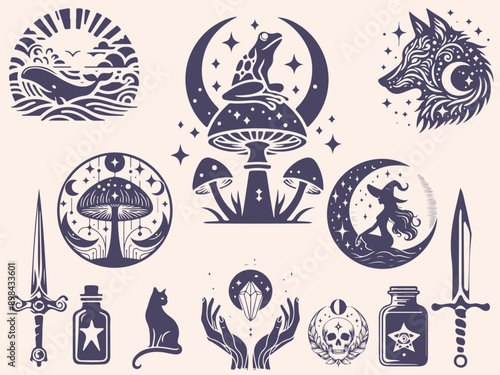 Set of mystical symbols, moon phases, crystals, witchy hands, crystal balls, wolf, mushroom, poison, celestial tattoo silhouette