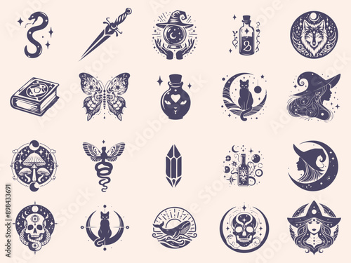 Set of mystical symbols, moon phases, crystals, witchy hands, crystal balls, wolf, mushroom, poison, celestial tattoo silhouette