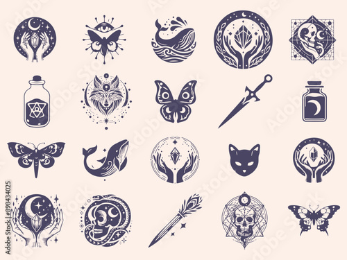 Set of mystical symbols, moon phases, crystals, witchy hands, crystal balls, wolf, mushroom, poison, celestial tattoo silhouette