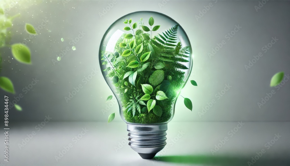 Light Bulb Filled with Green Leaves and Plants Symbolizing Renewable Energy and Sustainable Innovation Light Bulb Filled with Green Leaves and Plants Symbolizing Renewable Energy and Sustainable Innovation