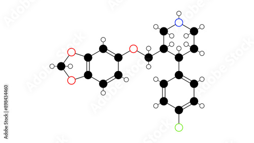 paroxetine molecule, structural chemical formula, ball-and-stick model, isolated image antidepressant photo