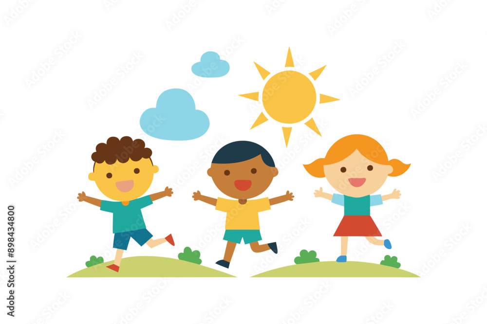 A vibrant summer vector illustration featuring kids enjoying the sunshine. This cheerful design is perfect for children's products, summer-themed projects, and playful outdoor visuals. A vibrant summer vector illustration featuring kids enjoying the sunshine. This cheerful design is perfect for children's products, summer-themed projects, and playful outdoor visuals.