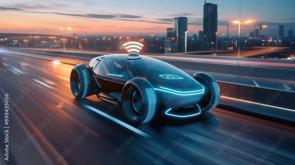 Fototapeta premium Futuristic EV car with motion lighting on highway with full self driving system activated for transportation autonomy concepts and locetion icon signal on top of car, Automotive innovation and techn