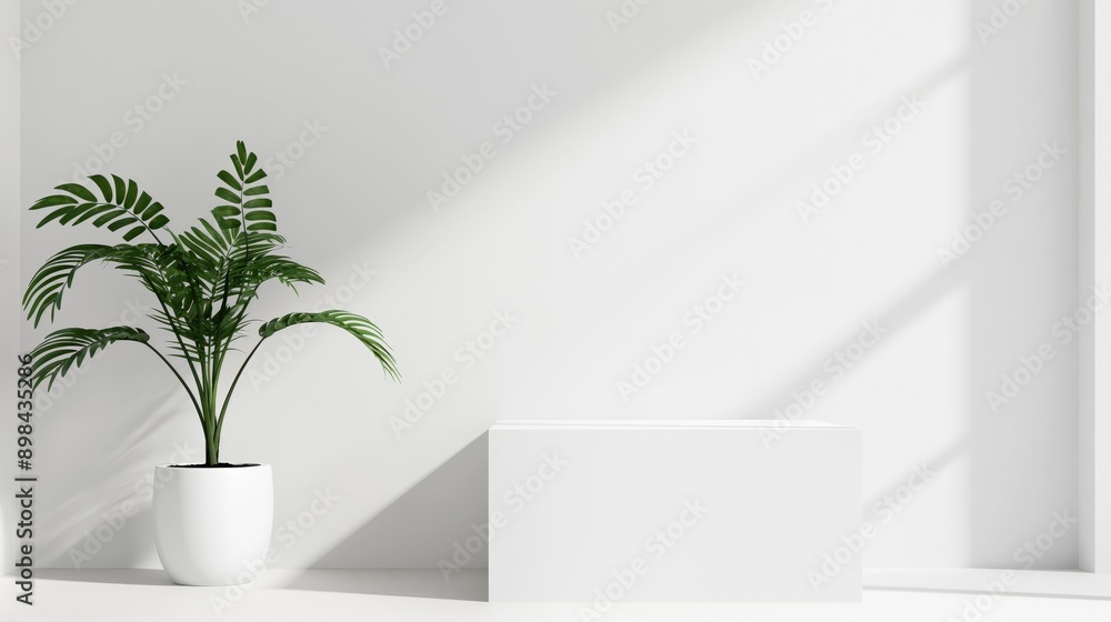 White Interior Room with Empty space - empty White Room with White podium table and plant, empty white mock up Room with sunlight and product placement. Design room empty white Table Podium