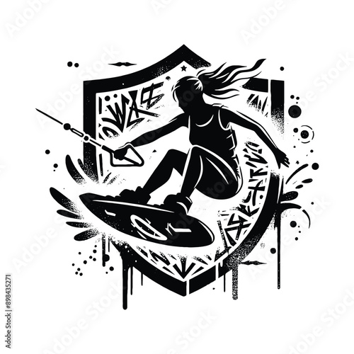 Kitesurfing, Wakeboarding   female player in graffiti tags, street art pattern illustration, emblem shield badge