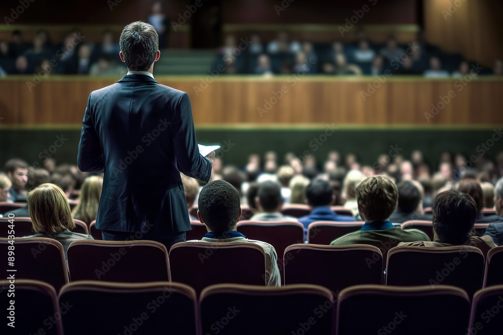 Back view of person standing up in political conference Back view of person standing up in political conference