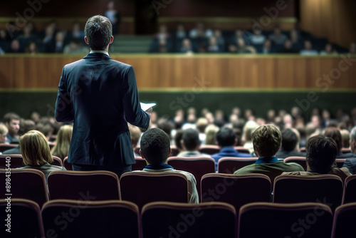 Back view of person standing up in political conference © LorenaPh