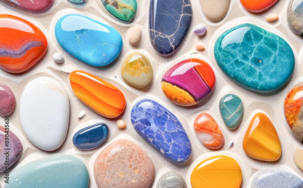 Bright multicolored gems, on yellow sand Bright multicolored gems, on yellow sand