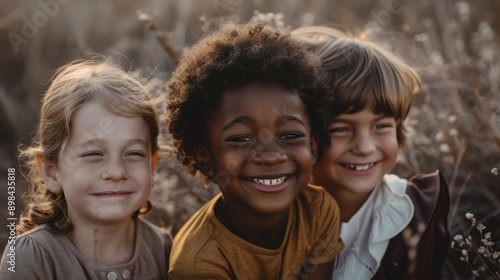 Three children with different skin tones, smiling joyfully © han