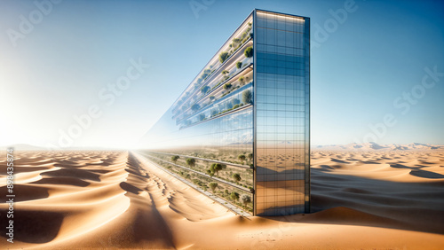 Futuristic linear city concept in desert landscape, featuring extremely long building with greenery on multiple levels and mirrored glass reflecting surrounding sand dunes.