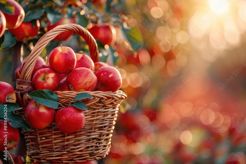 A wicker basket overflowing with ripe red apples hangs from a tree branch in an orchard at sunset. A wicker basket overflowing with ripe red apples hangs from a tree branch in an orchard at sunset.