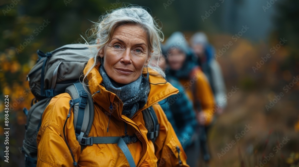 A mature woman in an orange jacket smiles warmly while outdoors in a serene environment, showcasing an adventurous spirit and a connection with nature. A mature woman in an orange jacket smiles warmly while outdoors in a serene environment, showcasing an adventurous spirit and a connection with nature.