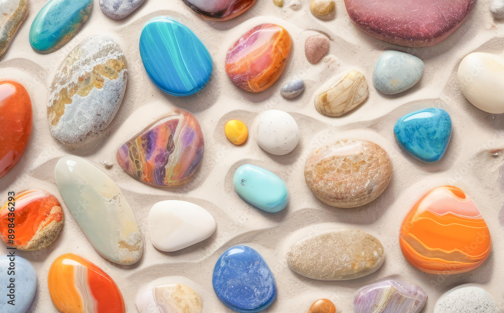 Bright multicolored gems, on yellow sand Bright multicolored gems, on yellow sand