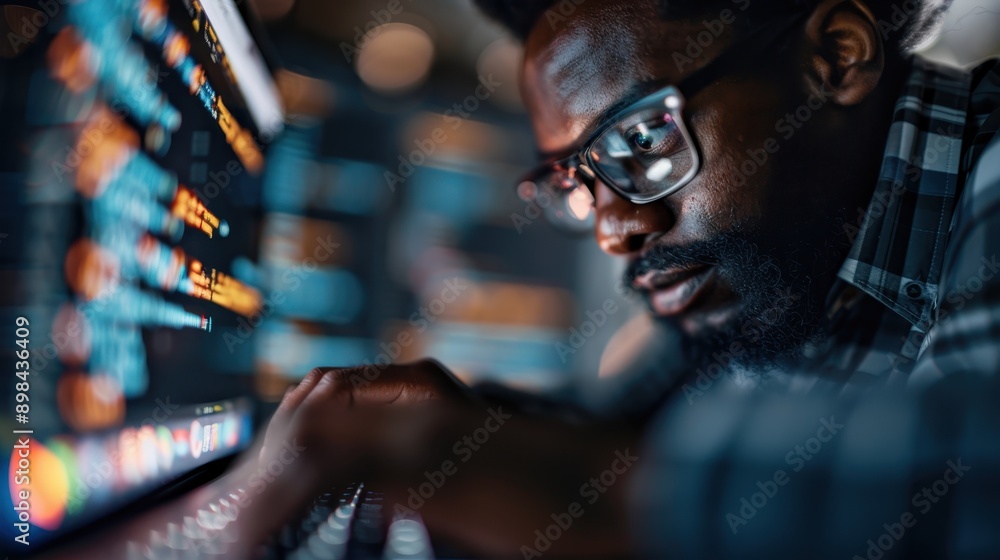 A developer is coding in a dimly lit room, surrounded by multiple monitors displaying code, creating an immersive tech environment that emphasizes focus, dedication, and programming. A developer is coding in a dimly lit room, surrounded by multiple monitors displaying code, creating an immersive tech environment that emphasizes focus, dedication, and programming.