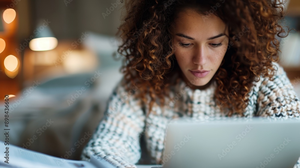 A woman with curly hair is focused on her laptop while working indoors, deeply engaged in her tasks, suggesting a productive and modern workspace. A woman with curly hair is focused on her laptop while working indoors, deeply engaged in her tasks, suggesting a productive and modern workspace.