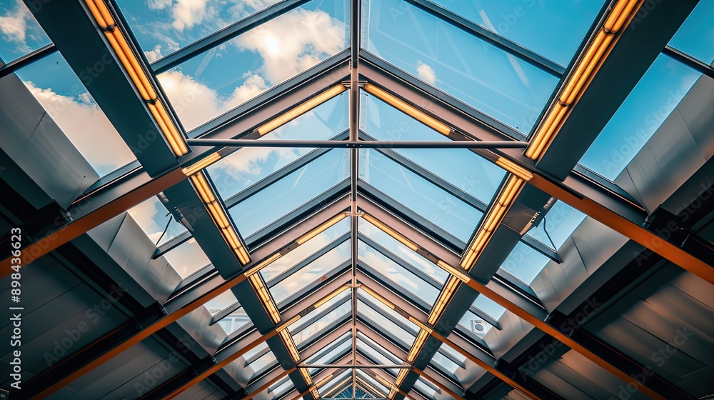 A view of a modern glass skylight with geometric metal framing, showing natural light coming through the ceiling A view of a modern glass skylight with geometric metal framing, showing natural light coming through the ceiling