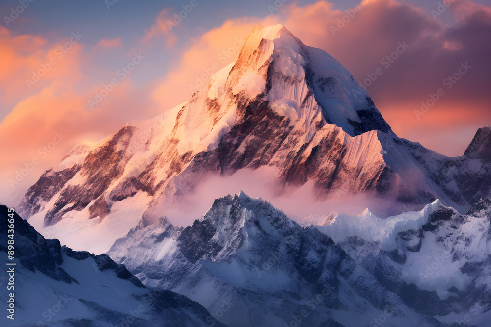 Serene Sunset over Snow-Covered Peaks: A Majestic Display of Nature's Splendor Serene Sunset over Snow-Covered Peaks: A Majestic Display of Nature's Splendor