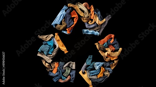 Collection of various colorful clothing items arranged in a recycling symbol pattern on a black background.