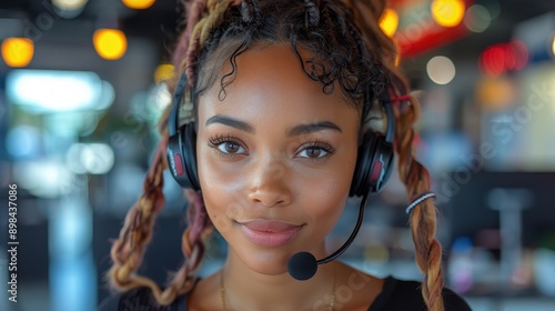 A smiling young woman with a headset microphone is positioned in a casual work environment, communicating cheerfully, with colorful background elements suggesting a lively atmosphere. photo