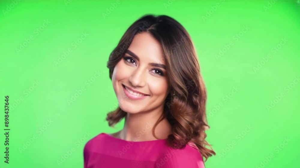 A young woman with brunette hair smiling happily in a studio close-up portrait on a green screen A young woman with brunette hair smiling happily in a studio close-up portrait on a green screen
