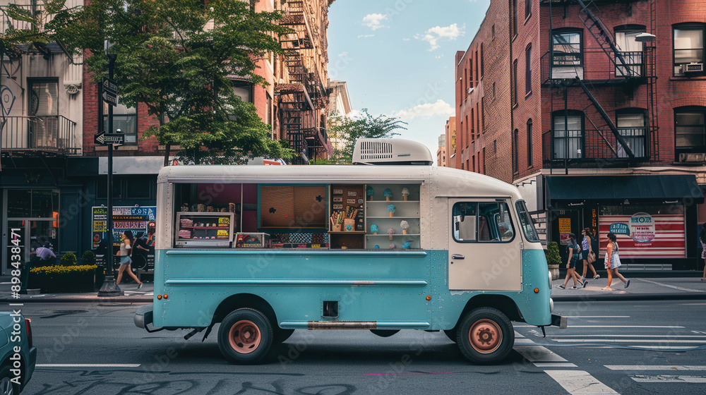 Obraz premium Beautiful ice cream truck park in city street