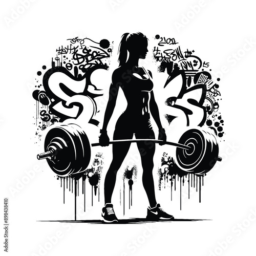 Bench press, weight lifting   female player in graffiti tags, street art pattern illustration, emblem shield badge