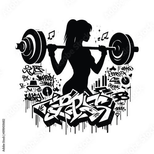 Bench press, weight lifting   female player in graffiti tags, street art pattern illustration, emblem shield badge