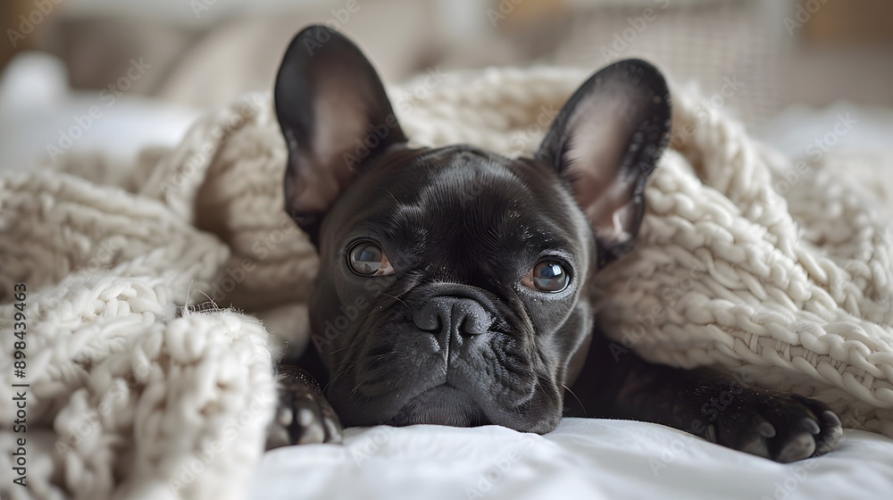 French Bulldog puppy, crisp white bedding, soft morning light, cozy bedroom scene, adorable dog portrait, black fur, perked ears, soulful eyes, snuggled in blankets. French Bulldog puppy, crisp white bedding, soft morning light, cozy bedroom scene, adorable dog portrait, black fur, perked ears, soulful eyes, snuggled in blankets.