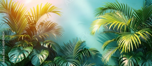 Tropical Palm Leaves Against a Blue Wall
