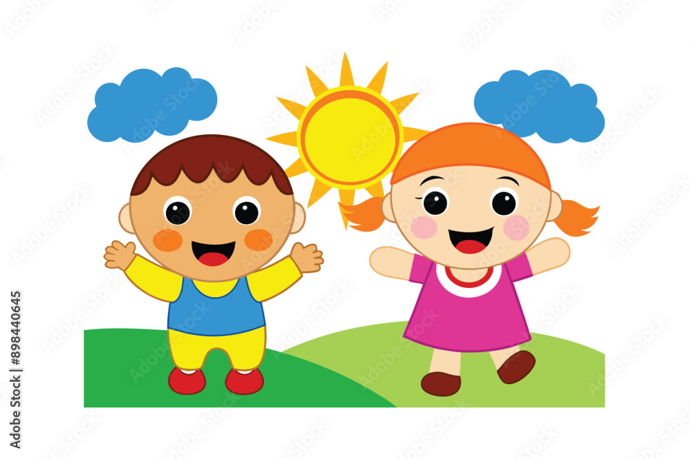 A vibrant summer vector illustration featuring kids enjoying the sunshine. This cheerful design is perfect for children's products, summer-themed projects, and playful outdoor visuals. A vibrant summer vector illustration featuring kids enjoying the sunshine. This cheerful design is perfect for children's products, summer-themed projects, and playful outdoor visuals.