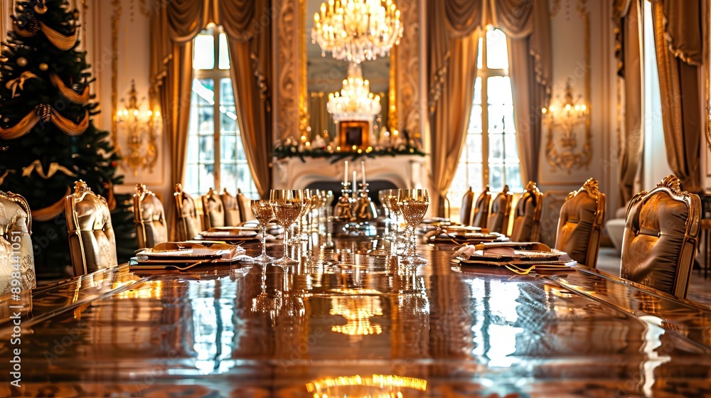 Obraz premium Luxurious dining room with large polished wooden table and chandeliers. Concept of opulent interiors, elegant dining setting, high-end home decor, festive dining ambiance