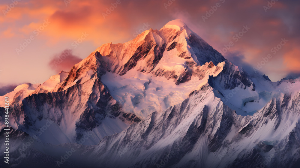 Fototapeta premium Serene Sunset over Snow-Covered Peaks: A Majestic Display of Nature's Splendor