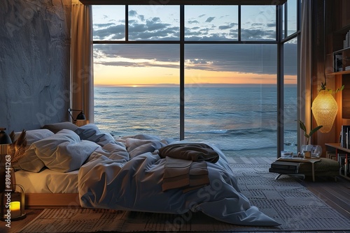 a bedroom with a sea view from the window