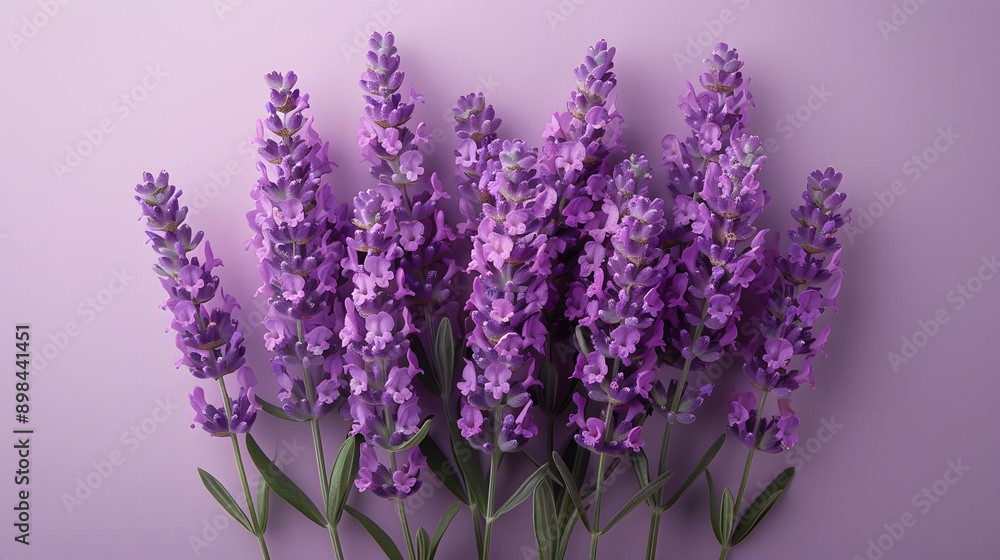 Naklejka premium Lavender bouquet, vibrant purple flowers, green stems, gradient light purple background, minimalist composition, flat lay, high contrast, macro details.