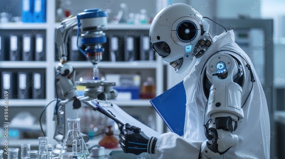 Humanoid robot works in the laboratory with micro precision, holding an open notebook and taking notes on glassware. A scientist in a white lab coat with a blue clipboard stands behind. Humanoid robot works in the laboratory with micro precision, holding an open notebook and taking notes on glassware. A scientist in a white lab coat with a blue clipboard stands behind.