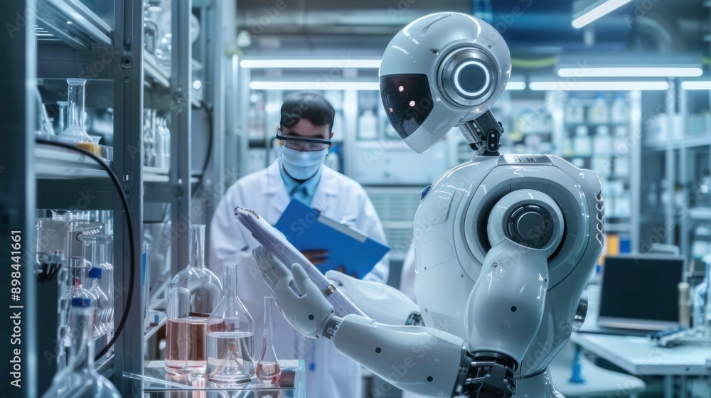 Humanoid robot works in the laboratory with micro precision, holding an open notebook and taking notes on glassware. A scientist in a white lab coat with a blue clipboard stands behind. Humanoid robot works in the laboratory with micro precision, holding an open notebook and taking notes on glassware. A scientist in a white lab coat with a blue clipboard stands behind.