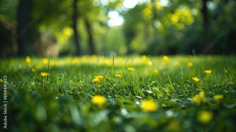 Fototapeta premium In the morning, young green grass and wild yellow flowers are growing on the lawn in the spring.