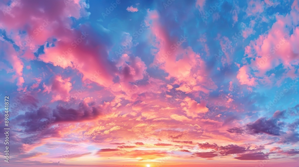 Obraz premium Majestic panoramic sky at sunrise with colorful clouds and no birds