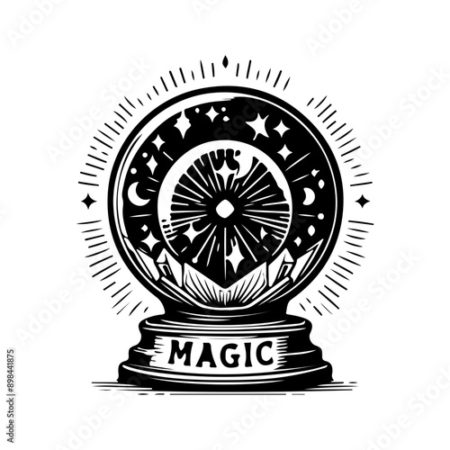 Mystical magic ball, crystal ball, witch ball, fortune telling, Magic Celestial Silhouette Tattoo design.