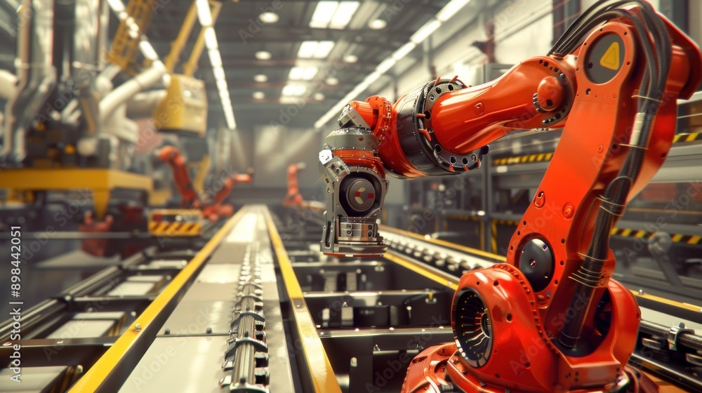 Industrial robot arm on factory conveyor belt. 3d rendering Industrial robot arm on factory conveyor belt. 3d rendering