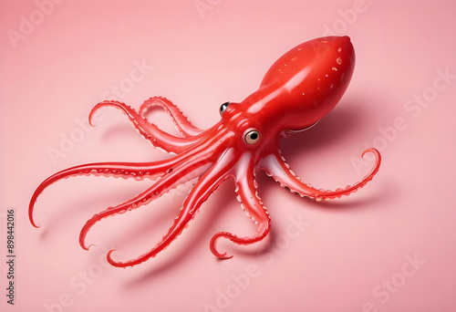 A highly detailed, realistic 3D rendering of a bright red Squid against a soft pink background. photo