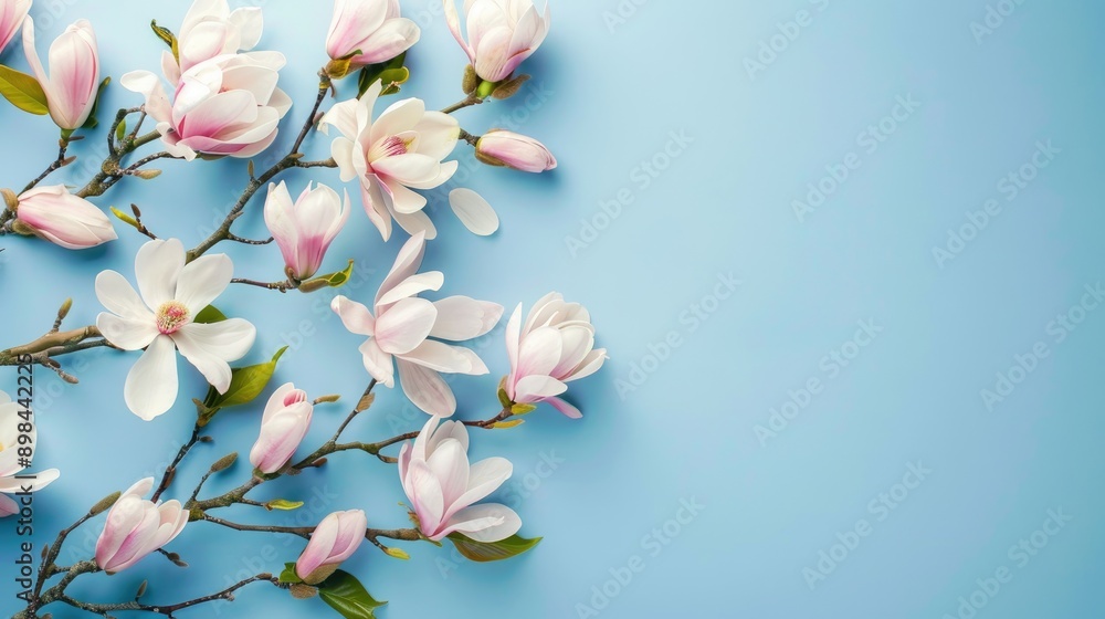 Magnolia tree branch blooming on blue backdrop Magnolia tree branch blooming on blue backdrop